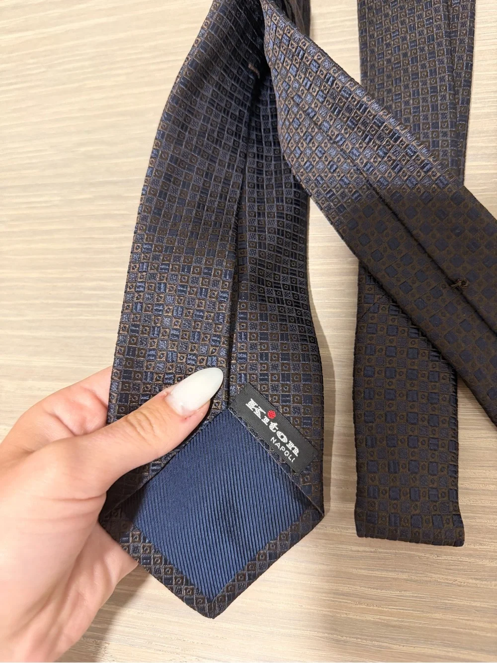 Kiton Navy Tie with Subtle Brown Micro-Pattern 100% Silk